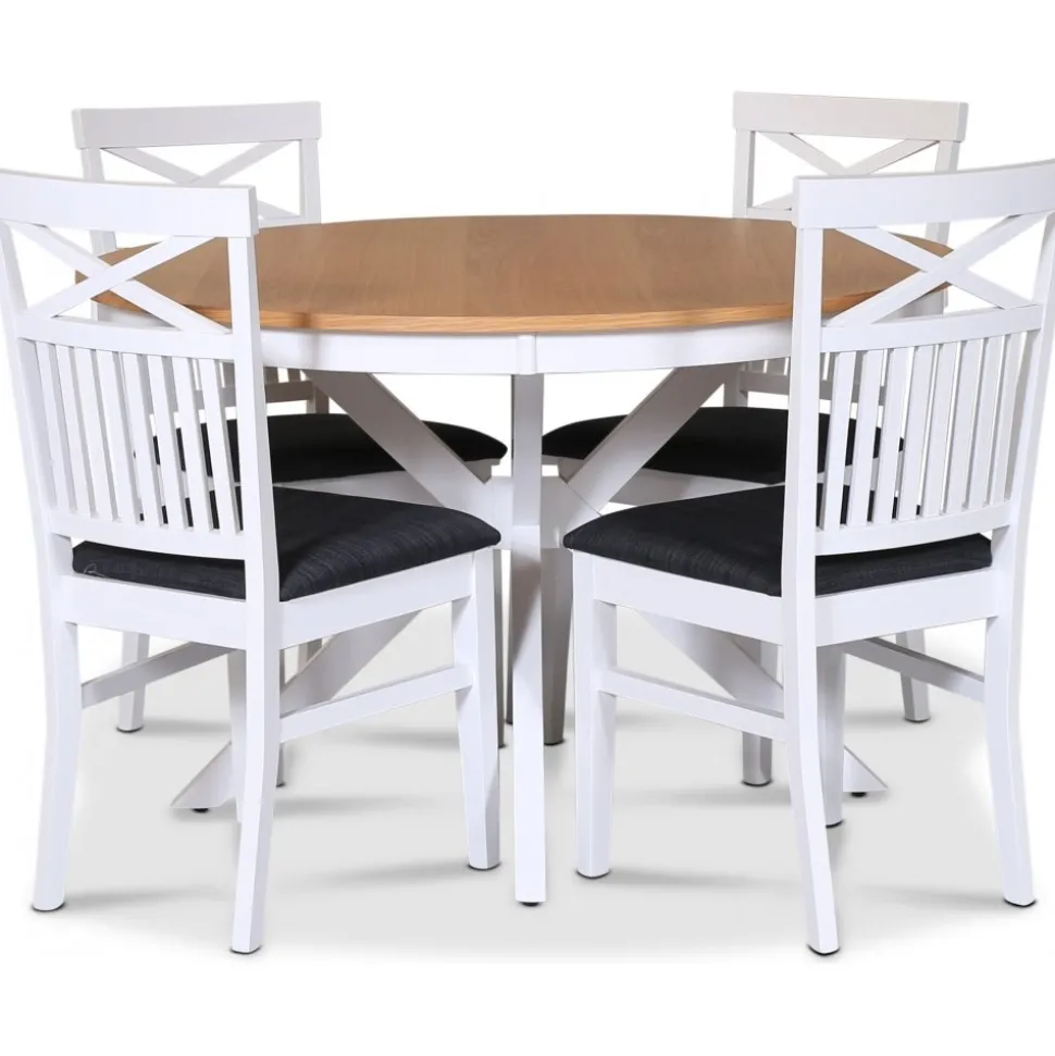 Tromsö matgrupp; runt matbord 120 cm - Vit / oljad ek med 4 st Skagen stolar med grå sits + 4.00 x Stolsdyna