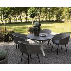 Utegrupp Aster: Scottsdale runt grå/vit matbord Ø112 cm inklusive 4 st Aster karmstolar i grå konstrotting