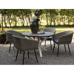 Utegrupp Aster: Scottsdale runt grå/vit matbord Ø112 cm inklusive 4 st Aster karmstolar i grå konstrotting