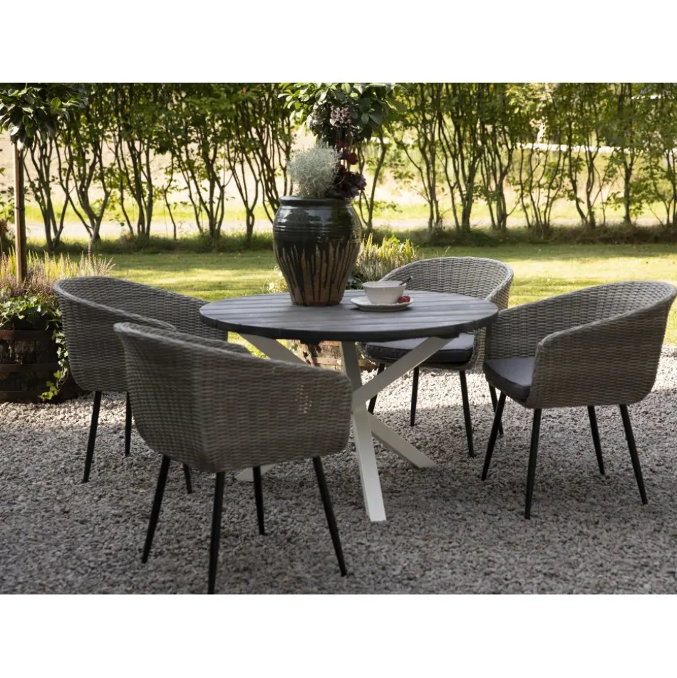 Utegrupp Aster: Scottsdale runt grå/vit matbord Ø112 cm inklusive 4 st Aster karmstolar i grå konstrotting
