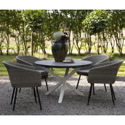 Utegrupp Aster: Scottsdale runt grå/vit matbord Ø112 cm inklusive 4 st Aster karmstolar i grå konstrotting