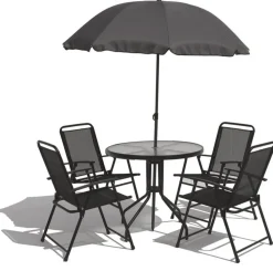 Utegrupp; bord + 4 stolar + parasoll + Textilskydd för utemöbler