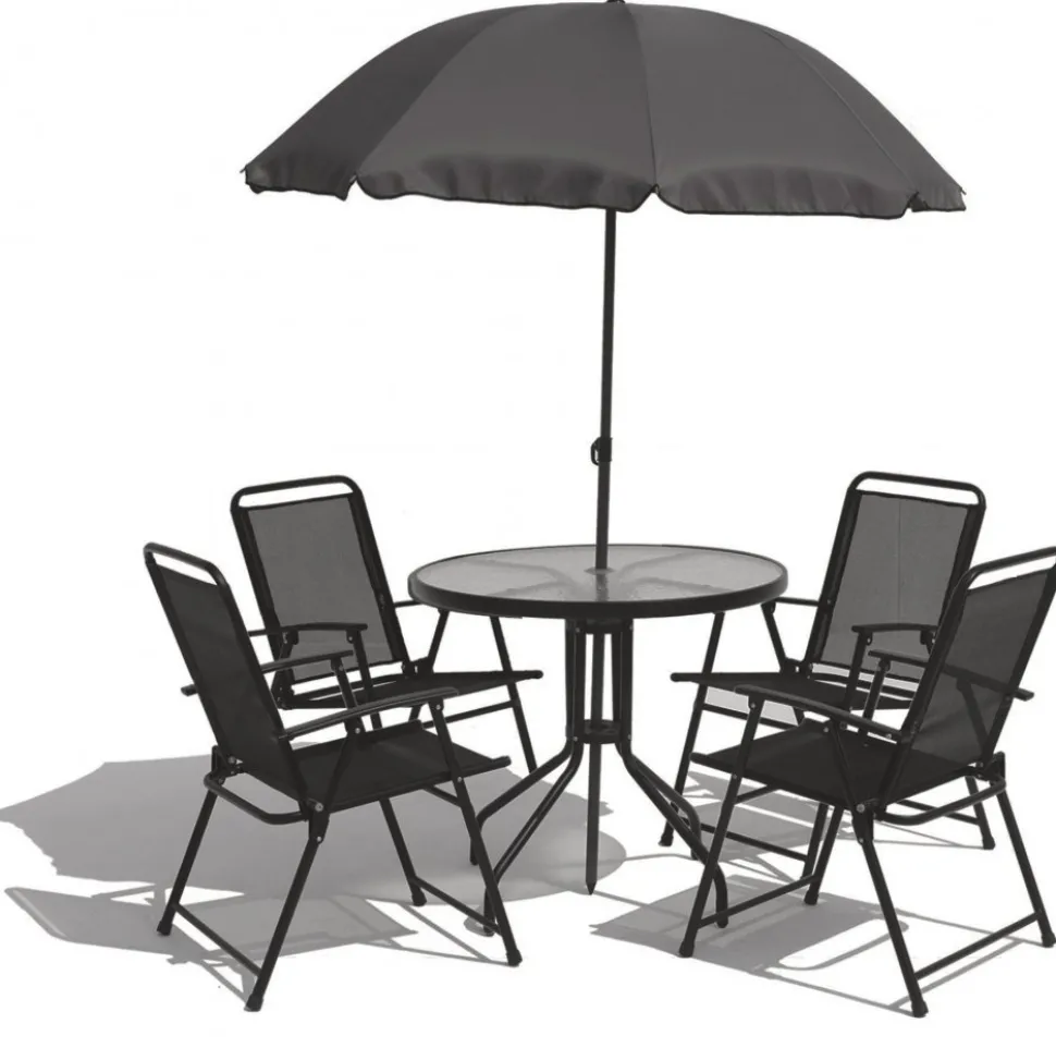 Utegrupp; bord + 4 stolar + parasoll