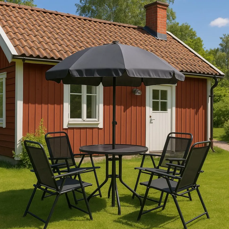 Utegrupp; bord + 4 stolar + parasoll