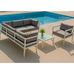 Utegrupp med bord och hörnsoffa i vit aluminium + Rengöringsmedel för utemöbler