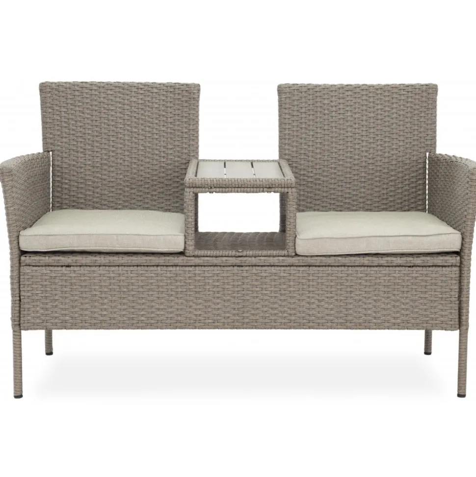 Utesoffa / Duosoffa i beige rotting + Rengöringsmedel för utemöbler