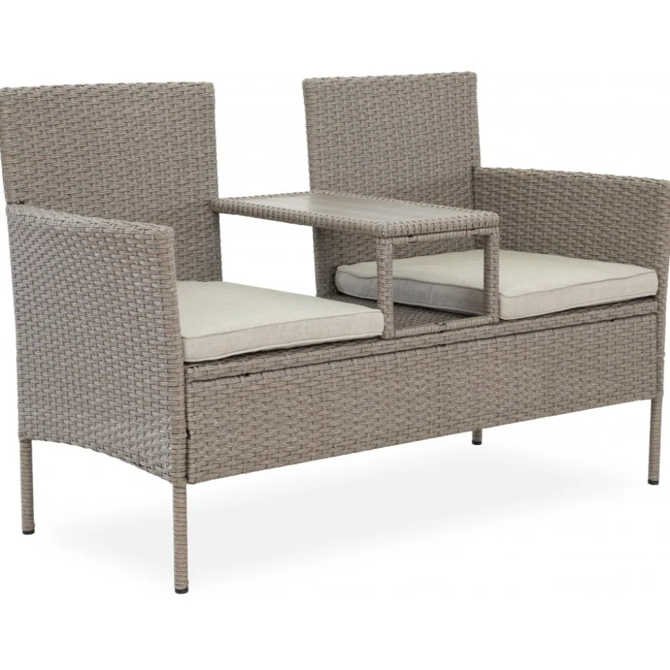 Utesoffa / Duosoffa i beige rotting + Textilskydd för utemöbler