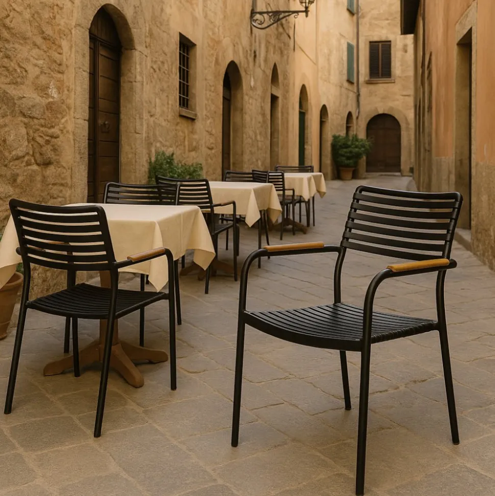 Utestol svart aintwood handtag stapelbar + Textilskydd för utemöbler