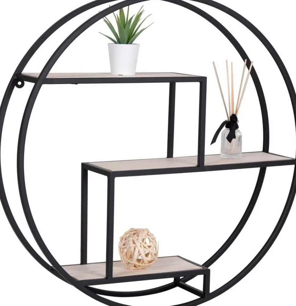 Vägghylla runt - Svart/fanér