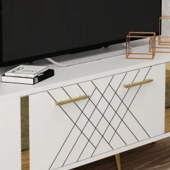 Vit TV-bänk med gulddetaljer - 150 cm